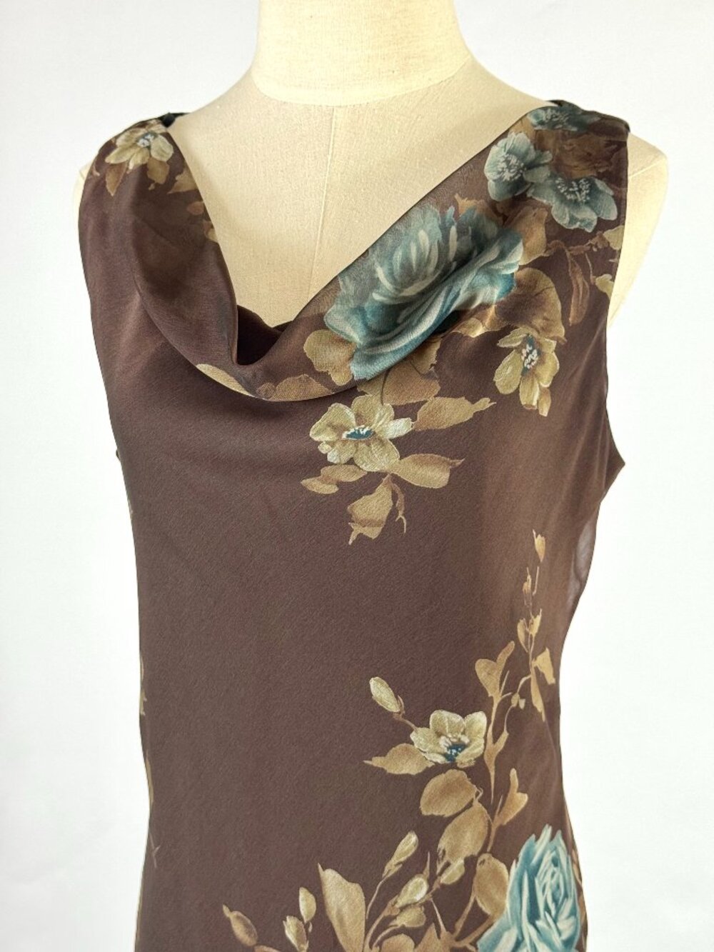 Vtg Y2K Jessica Howard Brown & Blue Floral Chiffon Asymmetrical Dress Cowl Neck - Picture 2 of 9
